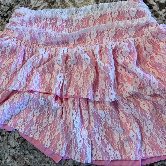 XL SHEIN MOD Knot Front Ruched Two Layer Hem Sexy Pink Lace Skirt Bows Kawaii - Picture 6 of 10